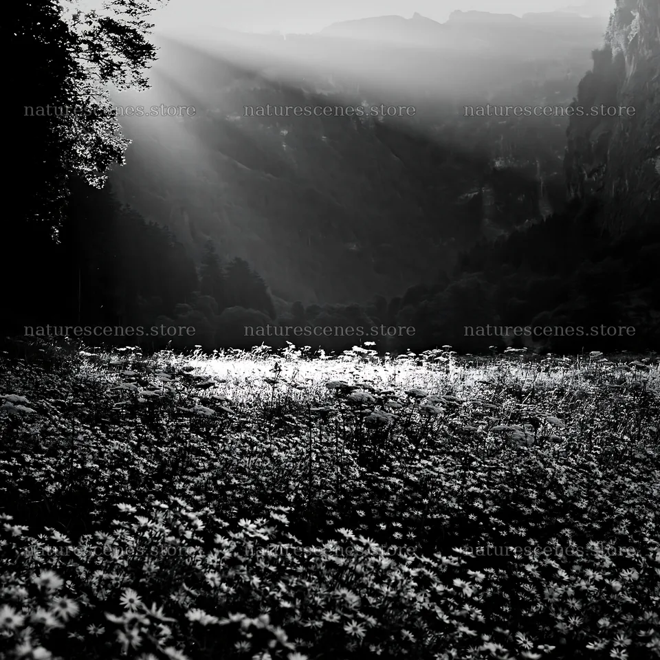 Light rays over meadow in Lauterbrunnen Valley – nature scenes 7938x7938