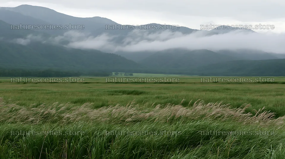 Iwate meadow with rain refreshed seedheads and mountains – nature scenes 10608x5938