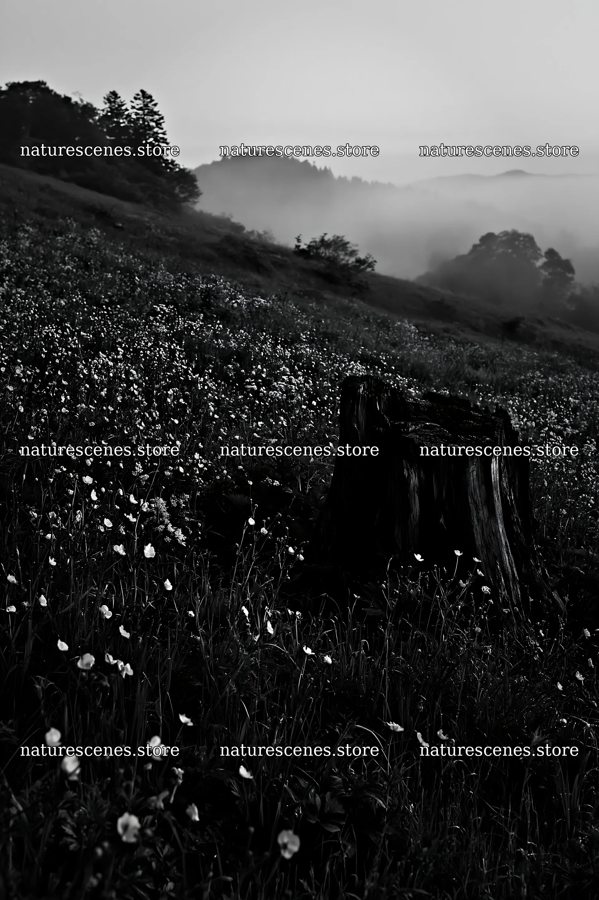 Fukushima native meadow with weathered stump in early morning – nature scenes 6480x9722