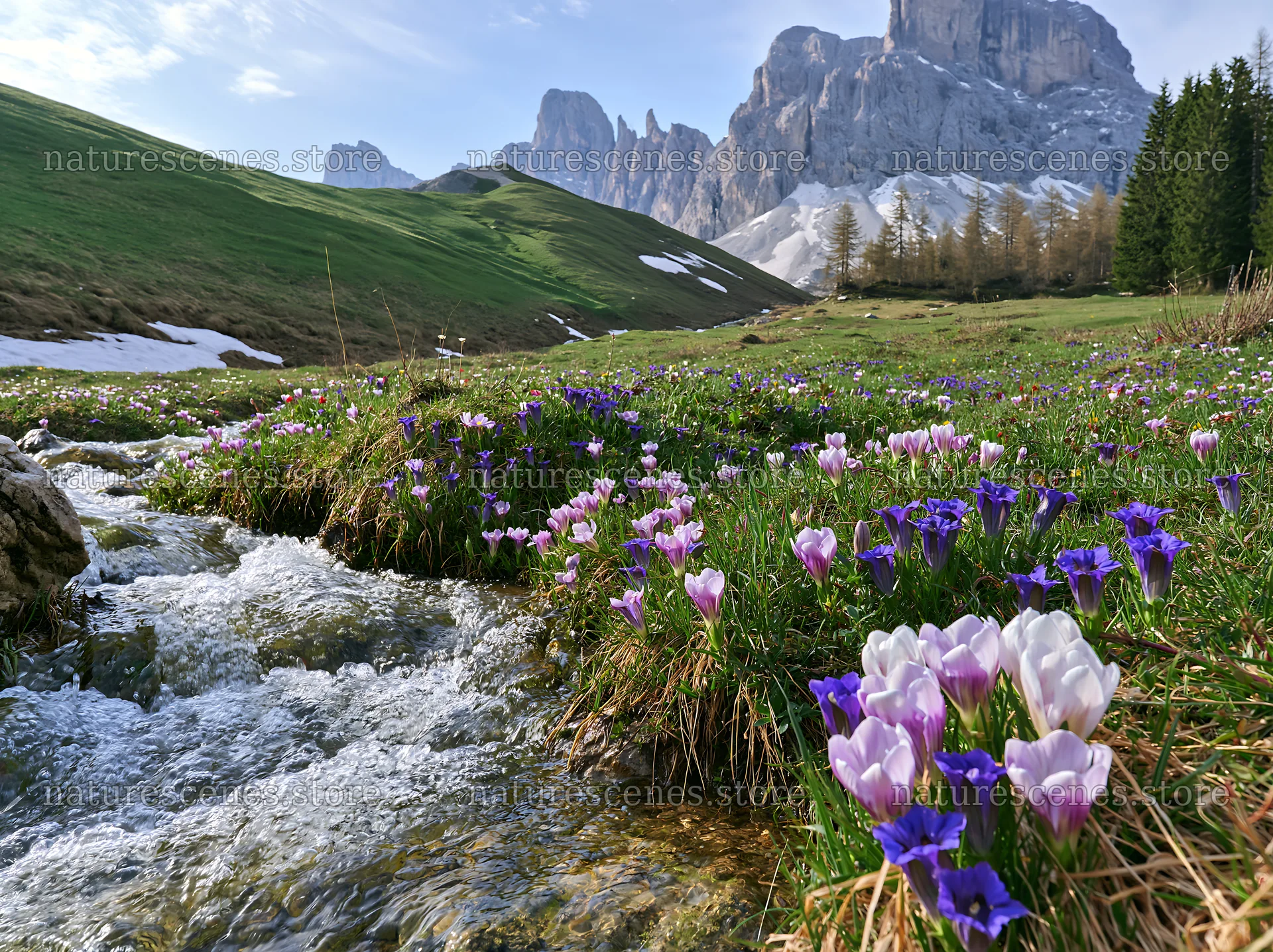 Spring meadow with flowers and mountain backdrop in Italy – nature scenes 9174x6866