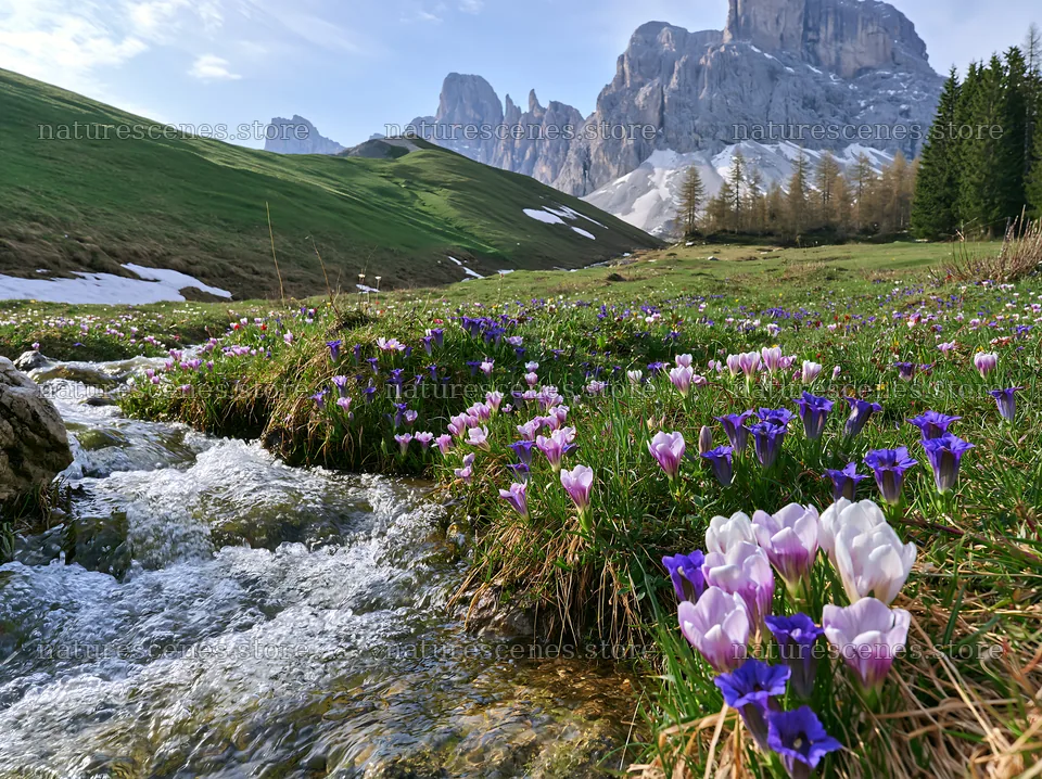 Spring meadow with flowers and mountain backdrop in Italy – nature scenes 9174x6866