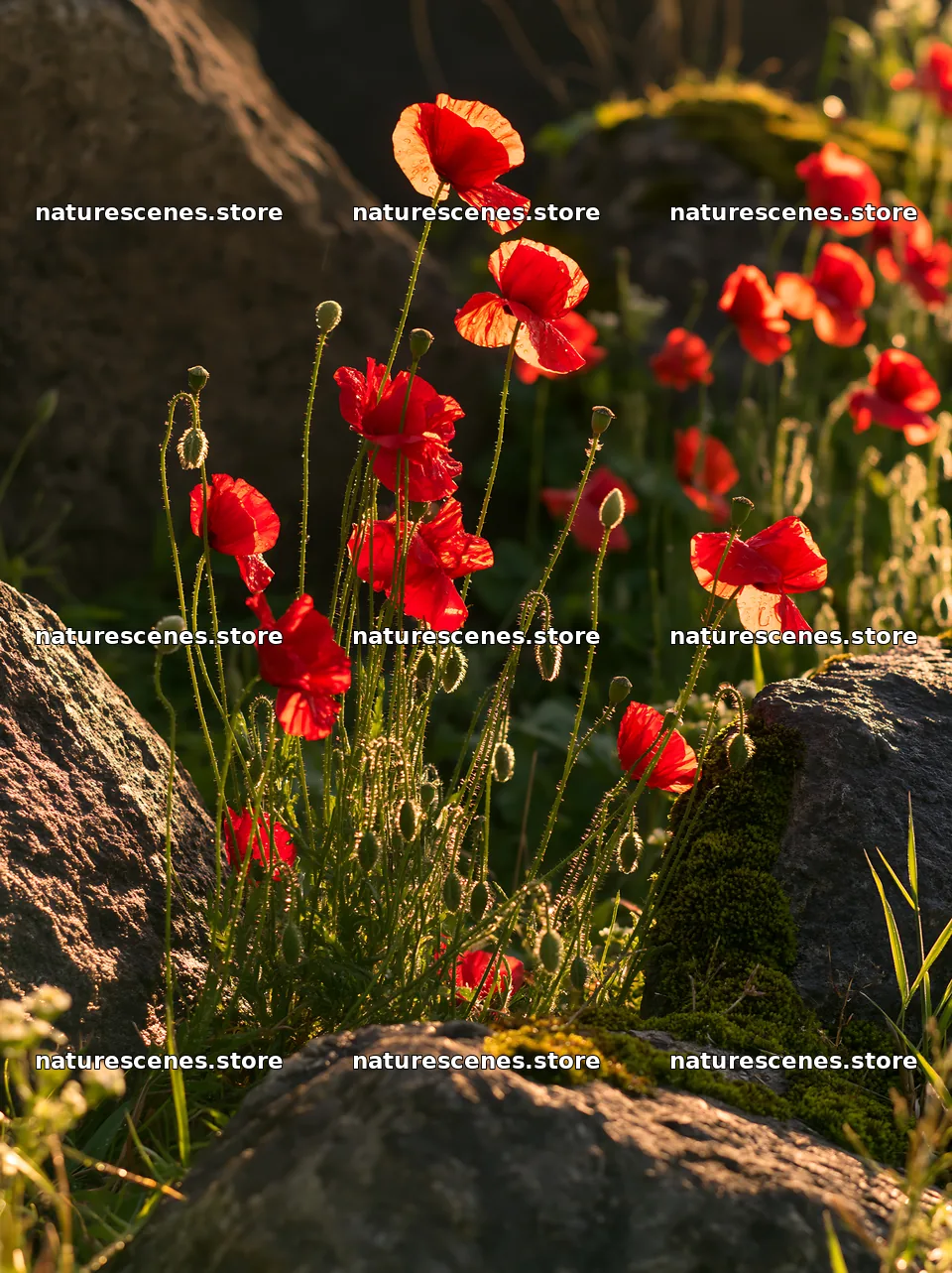 Miyagi spring recovery meadow mossy stone with red poppies – nature scenes 6866x9174