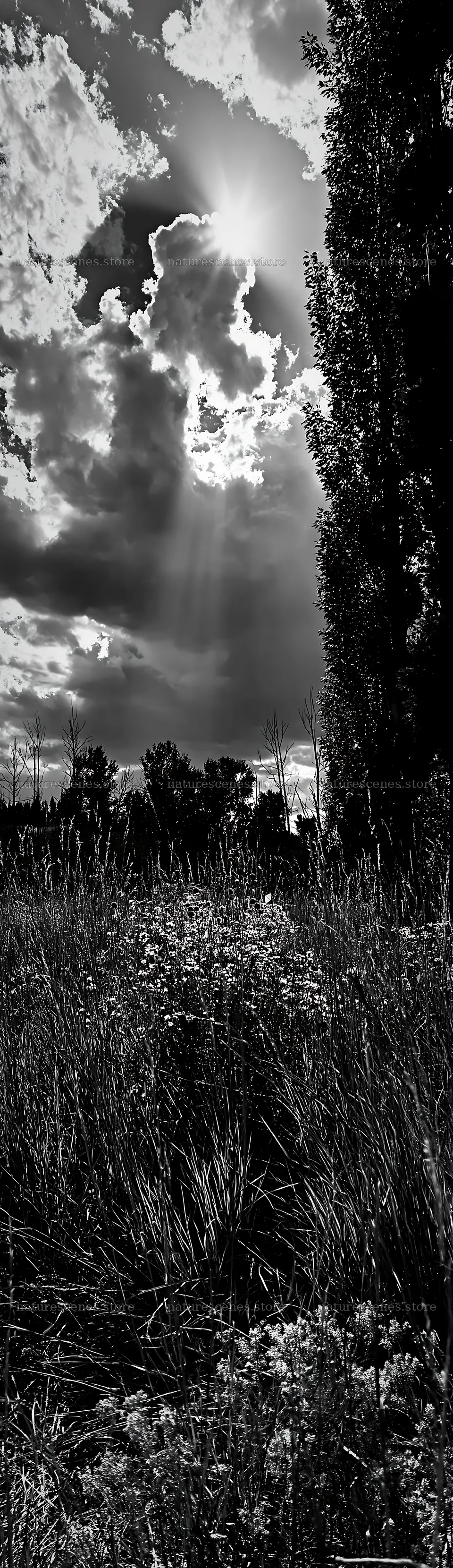 Christmas wreaths in meadow under clouds and sunlight rays – nature scenes 4268x14762