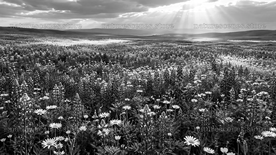 Monochrome Wildflower Meadow Beneath Sunbeams – nature scenes 10324x5812