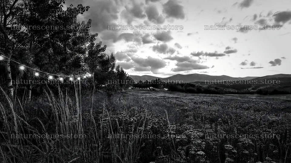 Warm Christmas lights over mountain valley meadow – nature scenes 10584x5952