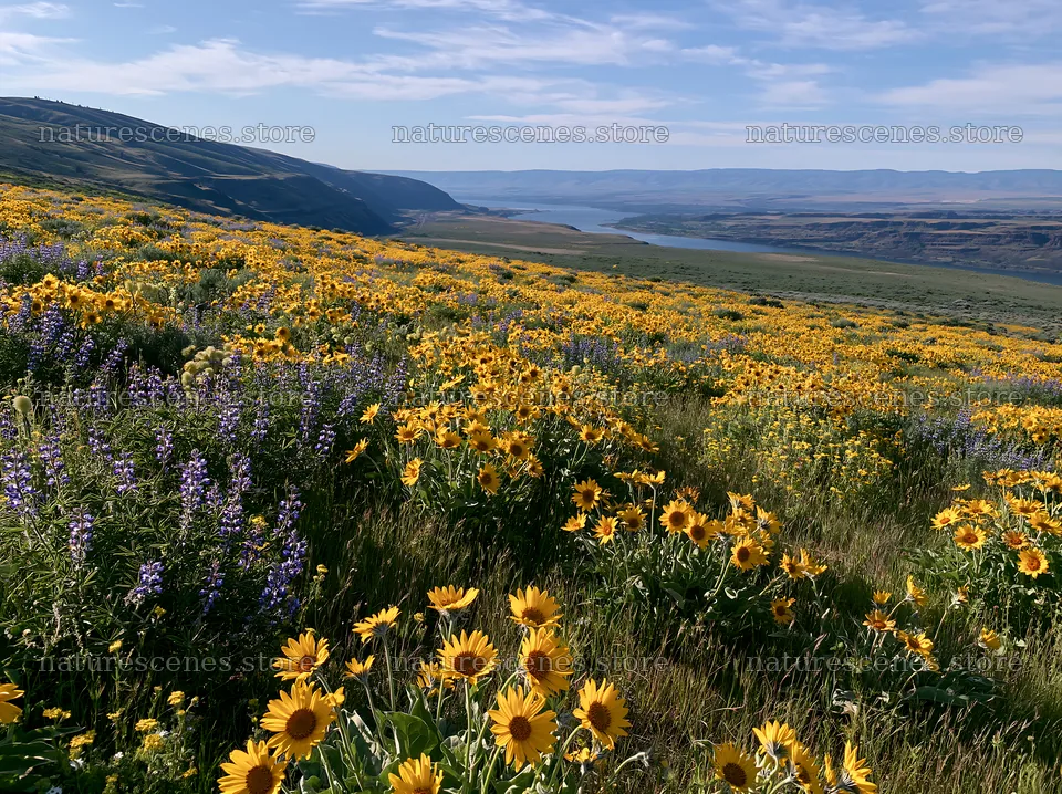 Vibrant sagebrush meadow light with blooming sunflowers – nature scenes 9174x6866