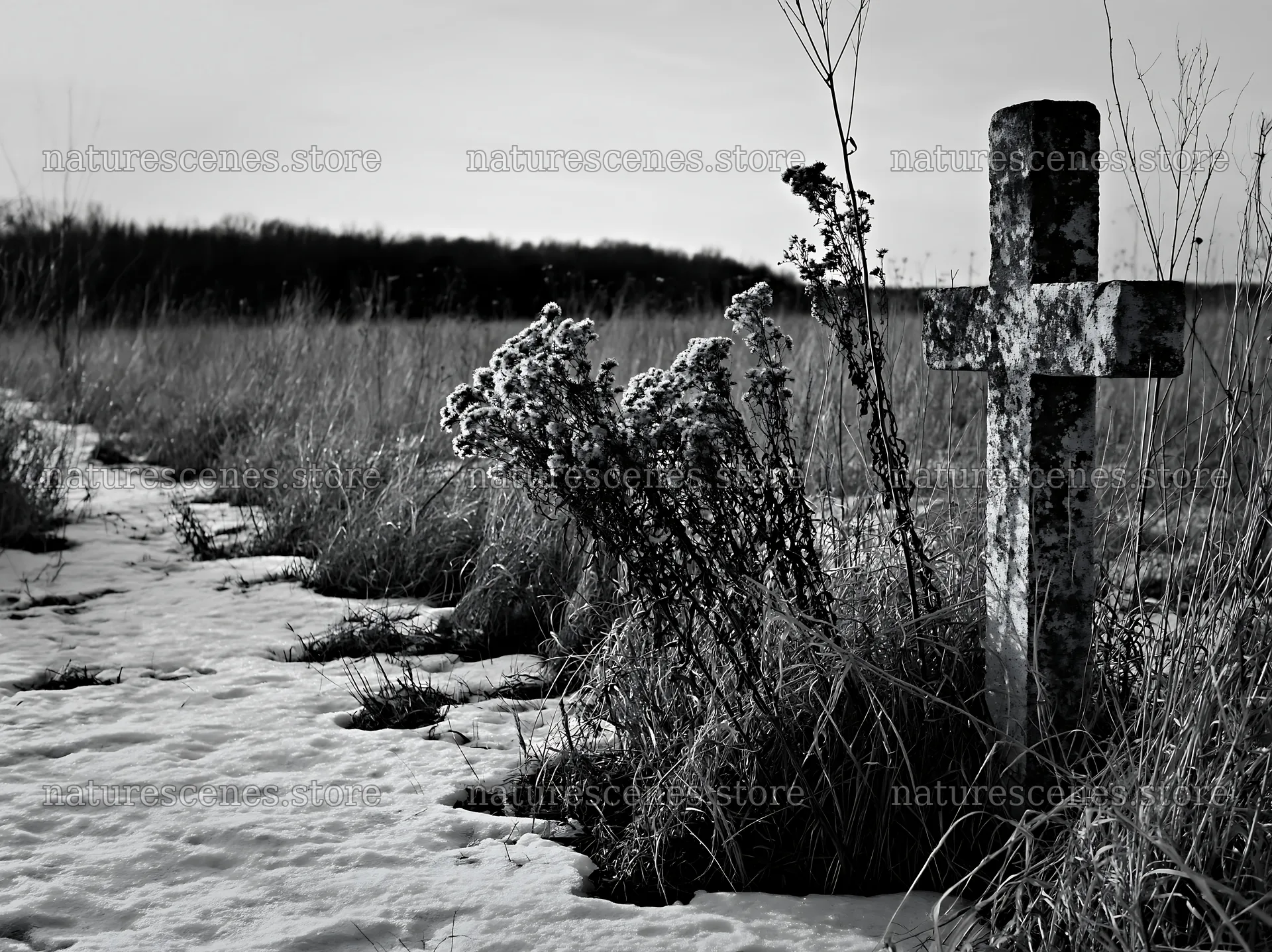 Whitewashed Christian cross in winter meadow with grass – nature scenes 9174x6866