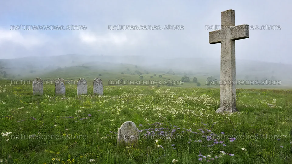 Weathered Christian cross in misty meadow – nature scenes 10584x5952