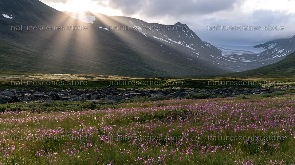 Sunbeams shining over Jotunheimen valley meadow – nature scenes 10608x5938