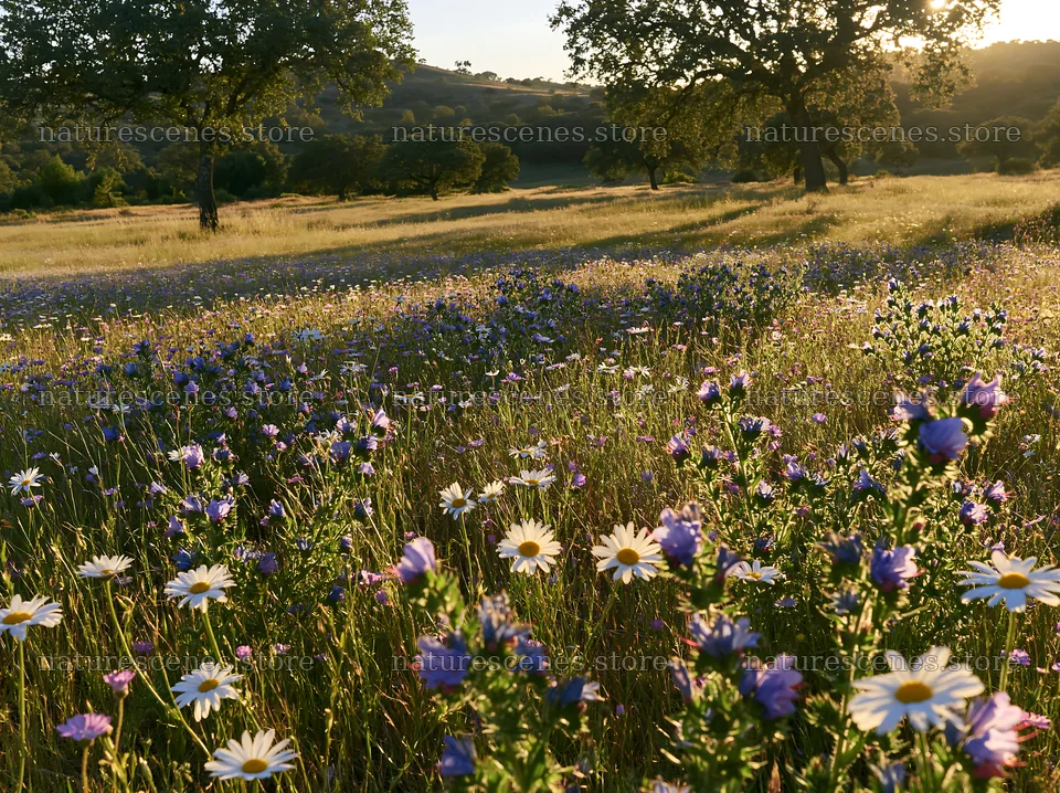 Regenerative meadow with wildflowers at sunset in the countryside – nature scenes 9174x6866