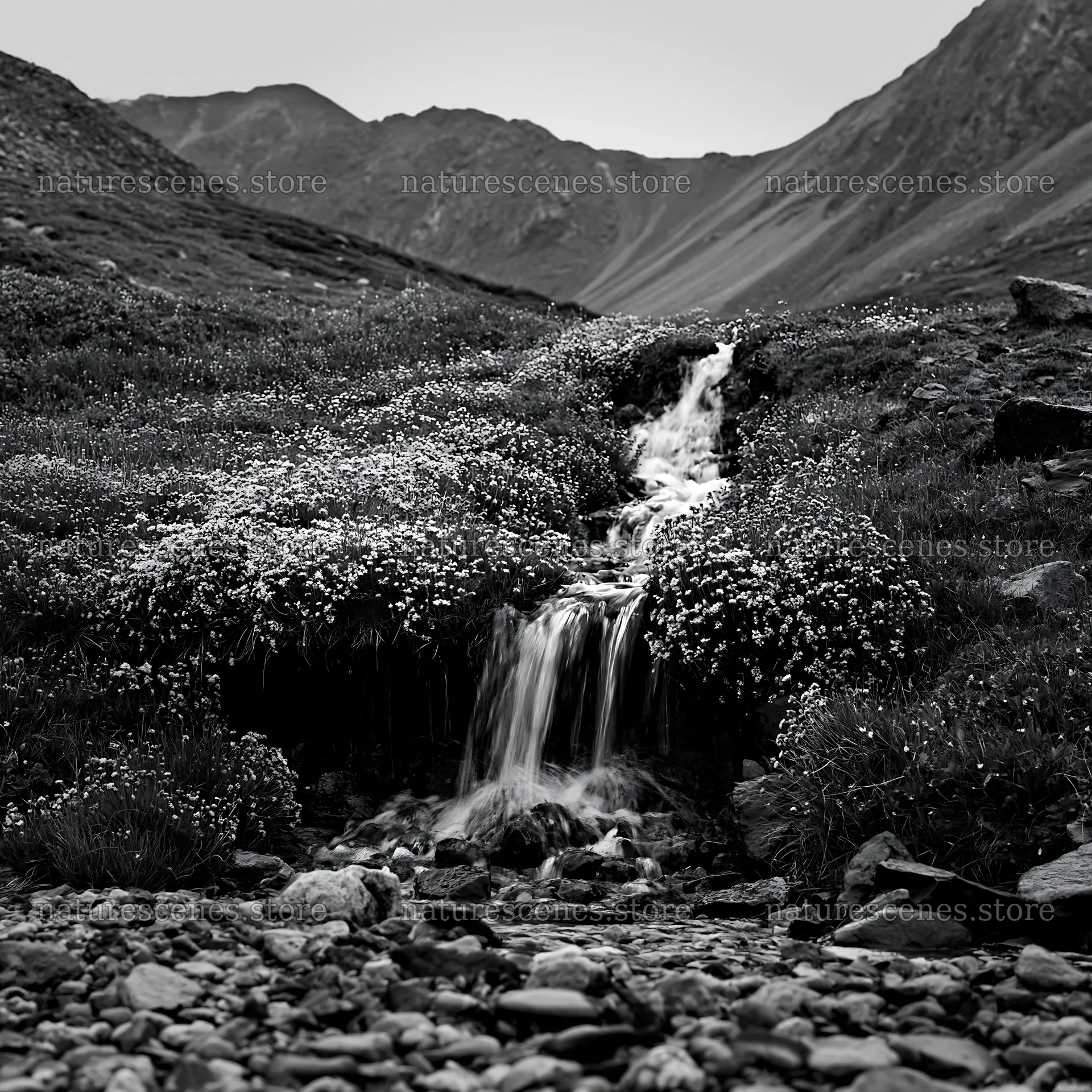Alpine waterfall flowing through flower meadow in black and white – nature scenes 7938x7938