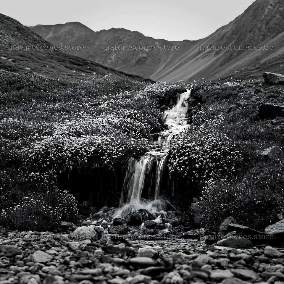 Alpine waterfall flowing through flower meadow in black and white – nature scenes 7938x7938