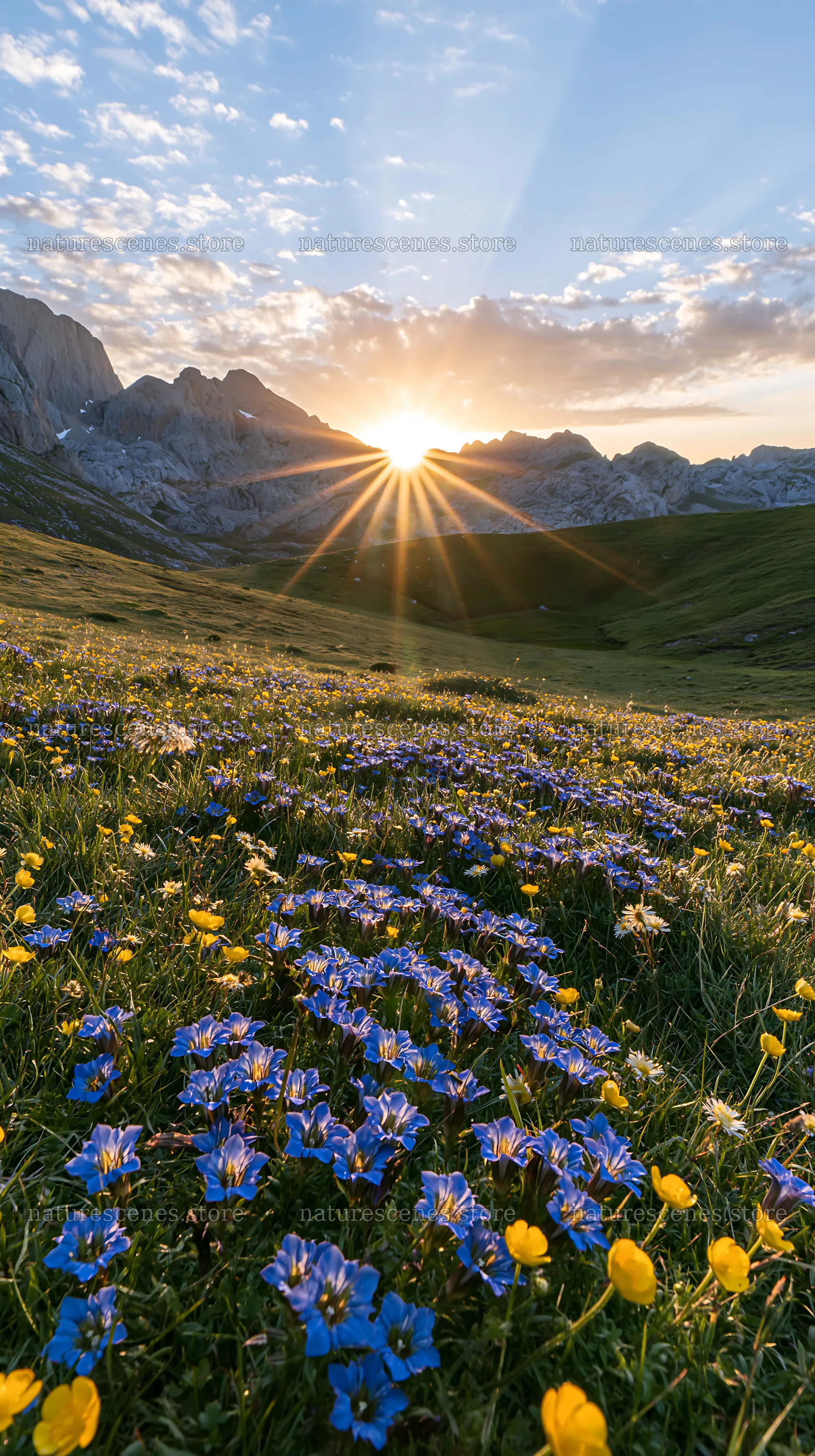 Stunning sunrays over Picos de Europa meadow with flowers – nature scenes 5938x10608