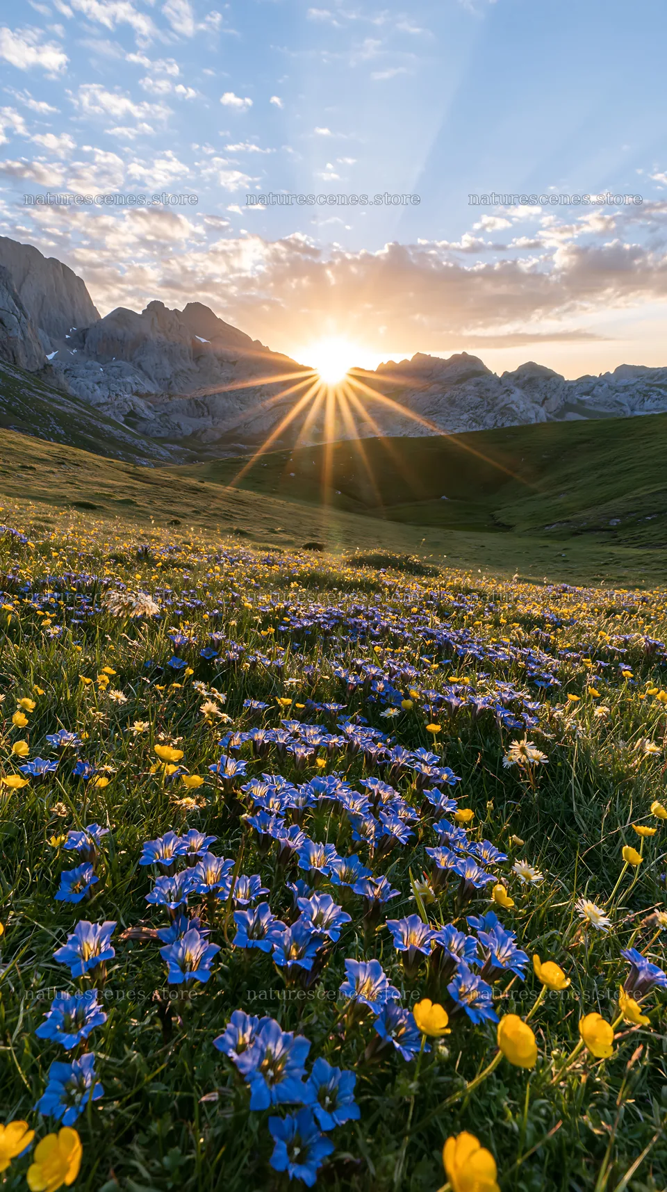 Stunning sunrays over Picos de Europa meadow with flowers – nature scenes 5938x10608