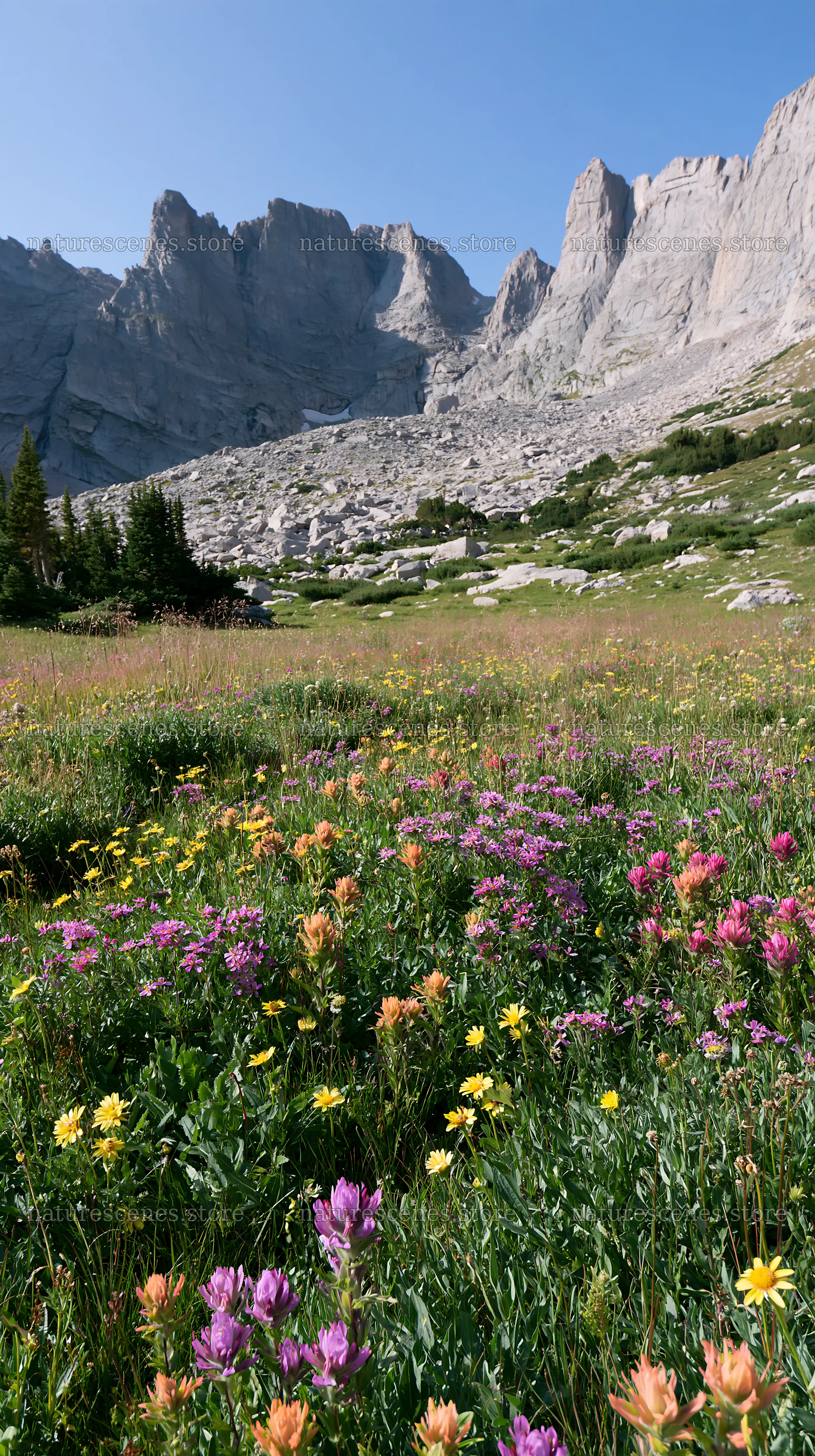 Meadow filled with flowers beneath rocky crags – nature scenes 5938x10608