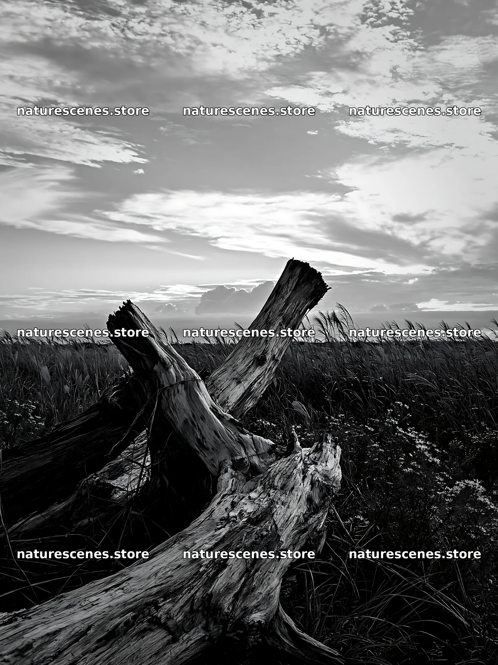 Chiba coastal climate meadow with driftwood in the foreground – nature scenes 6866x9174