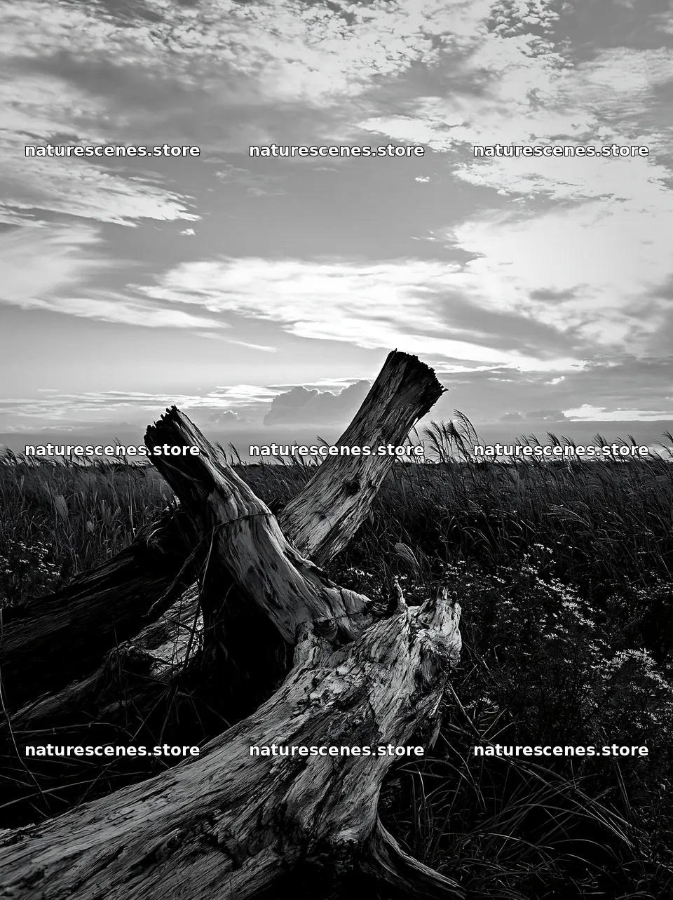 Chiba coastal climate meadow with driftwood in the foreground – nature scenes 6866x9174