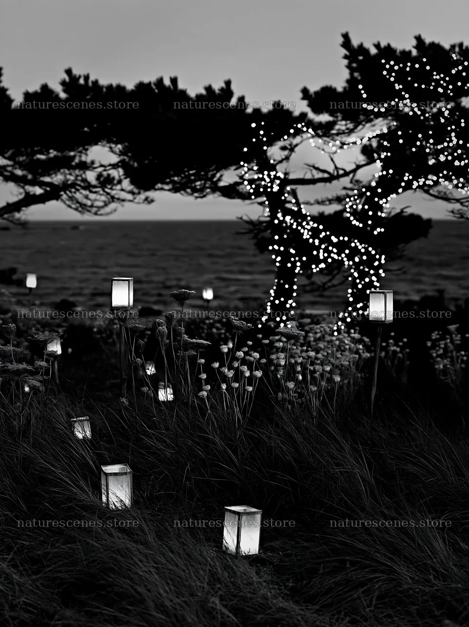 Frosty meadow with lanterns and illuminated plants at dusk – nature scenes 6866x9174
