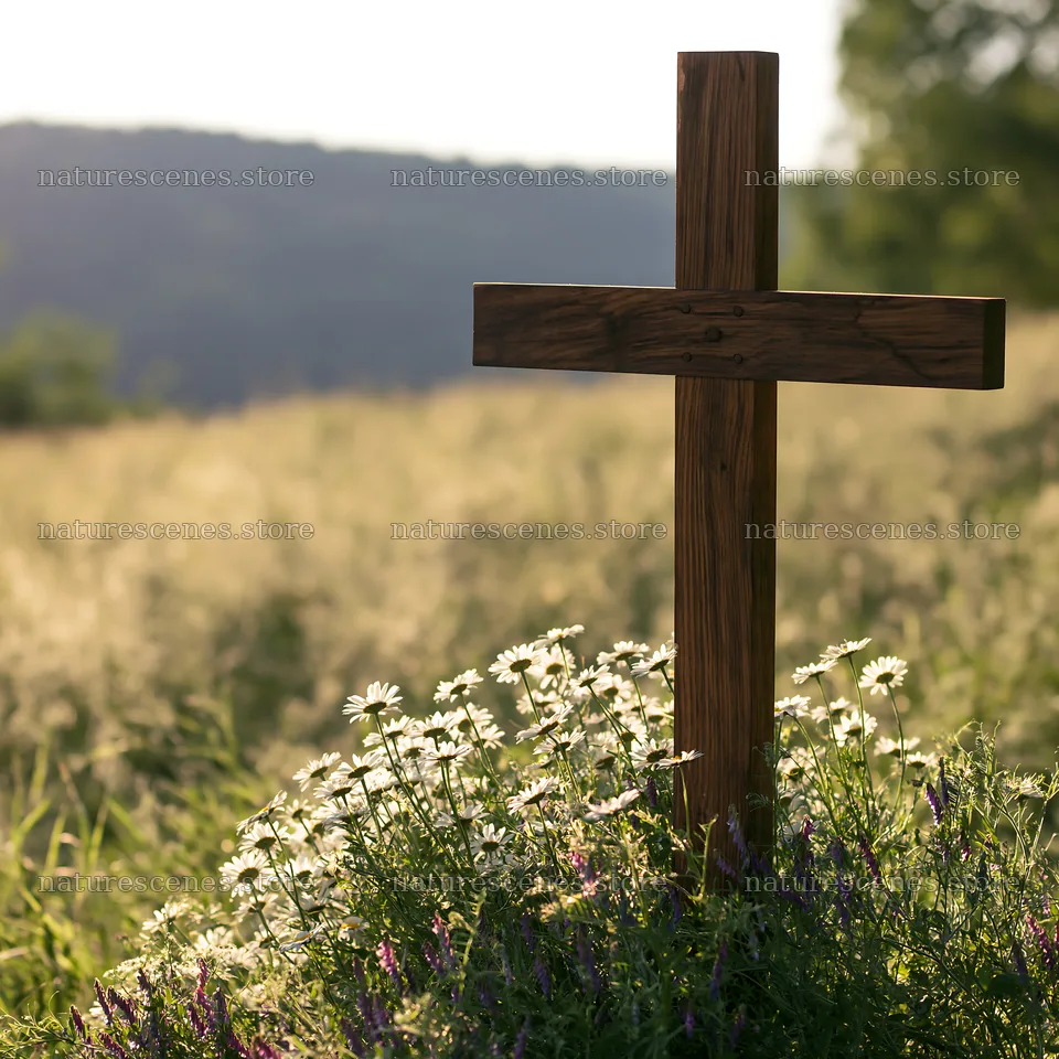 Christian cross in backlit summer meadow with flowers – nature scenes 7938x7938