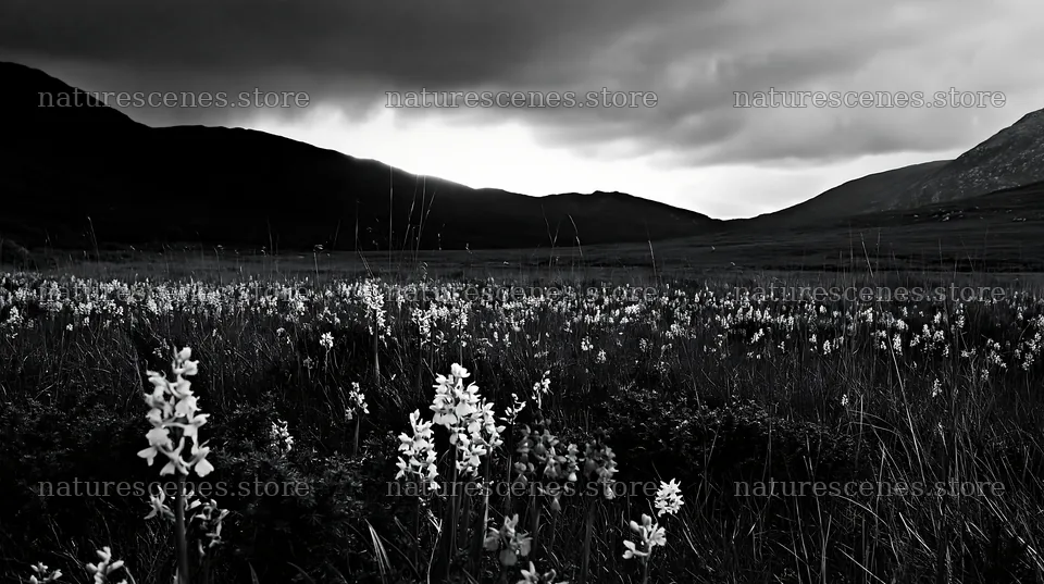 Colorful orchids in a meadow with dark mountains in the background – nature scenes 10608x5938