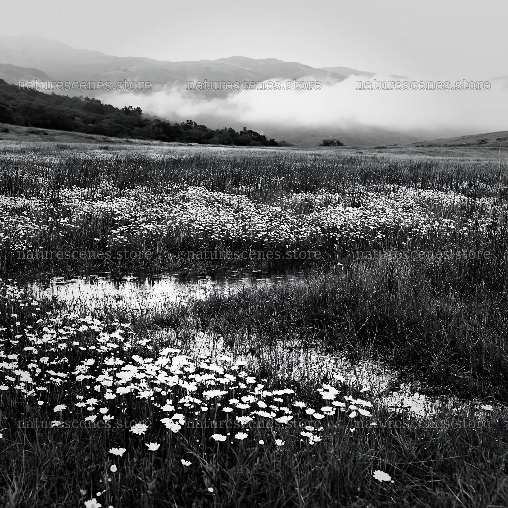 Cloudy foothill meadow with flowers and mist – nature scenes 7938x7938
