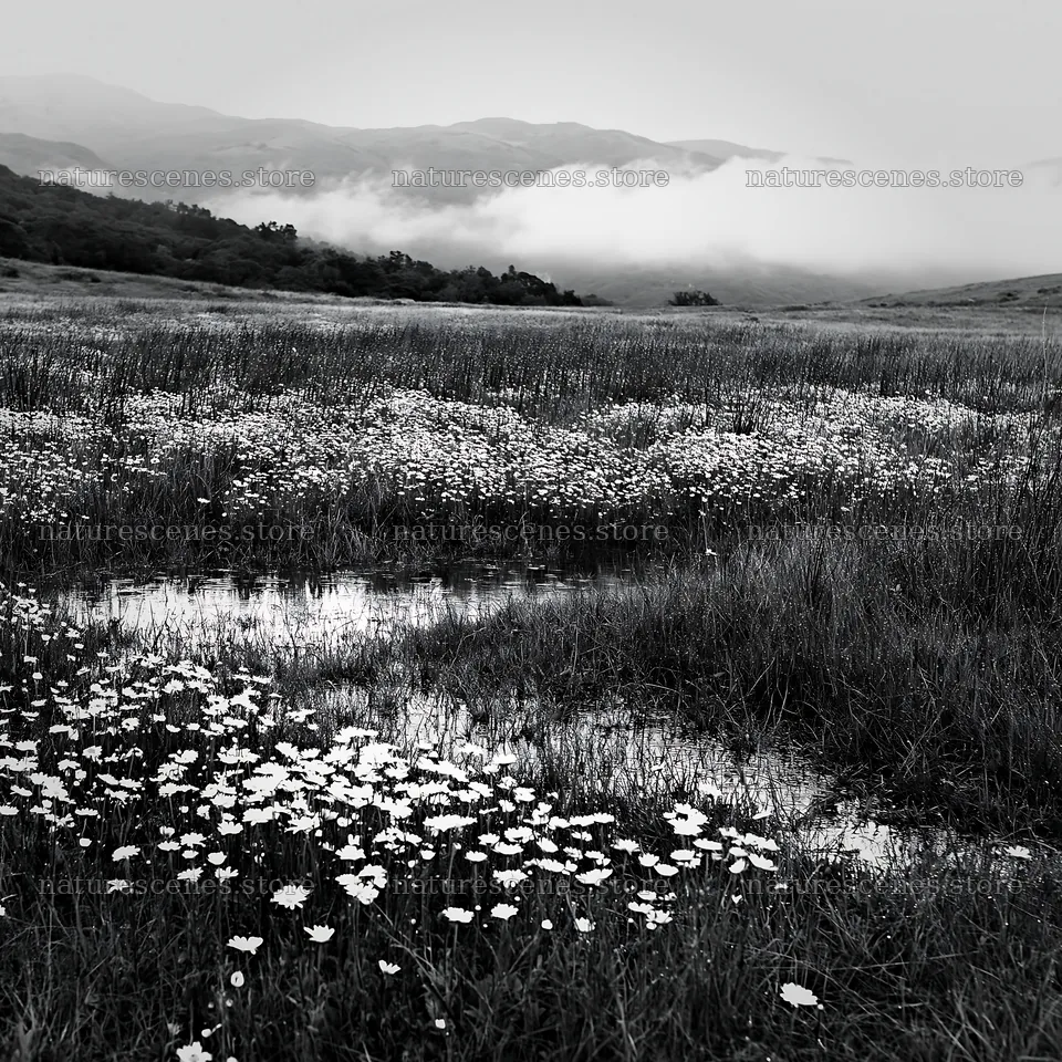 Cloudy foothill meadow with flowers and mist – nature scenes 7938x7938