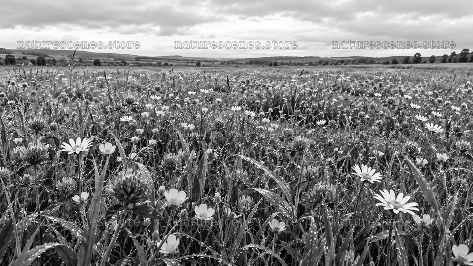 Black-and-White Wildflower Meadow Beneath Clouds – nature scenes 10324x5812