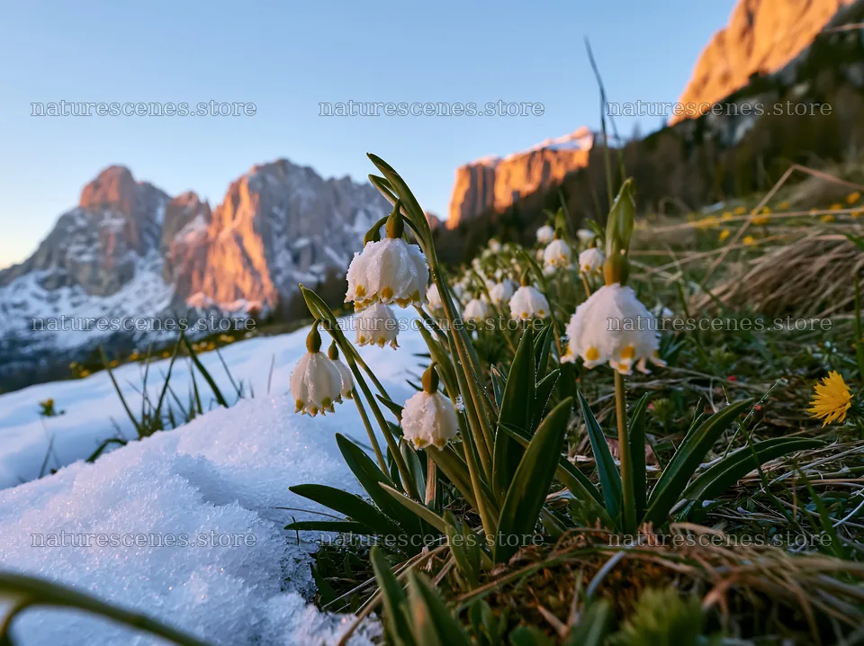 Snowbound meadow with snowdrop flowers and mountains – nature scenes 9174x6866