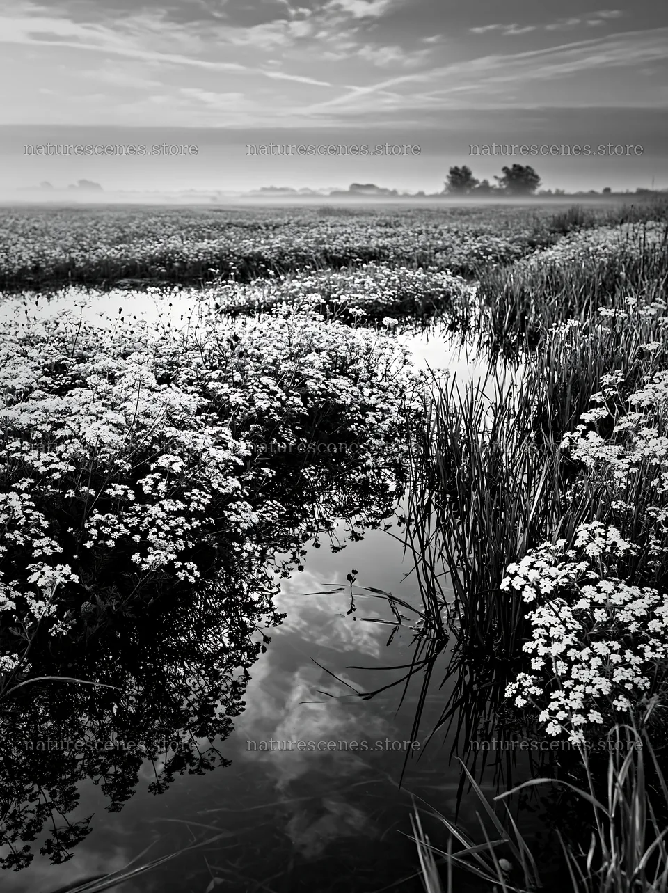 Cow parsley meadow with water reflection and blue sky – nature scenes 6866x9174
