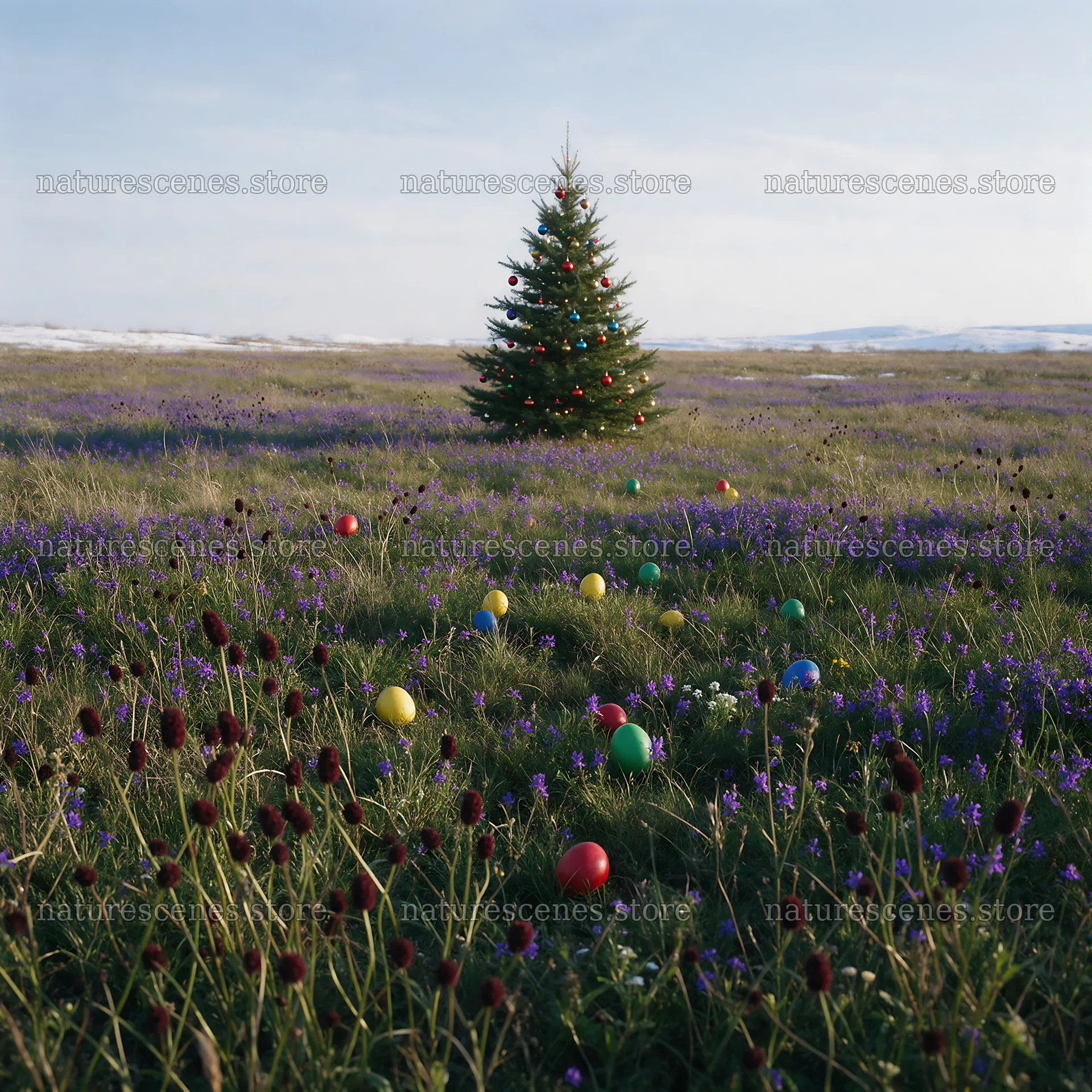 Vibrant Christmas tree in winter meadow with colorful ornaments – nature scenes 7938x7938