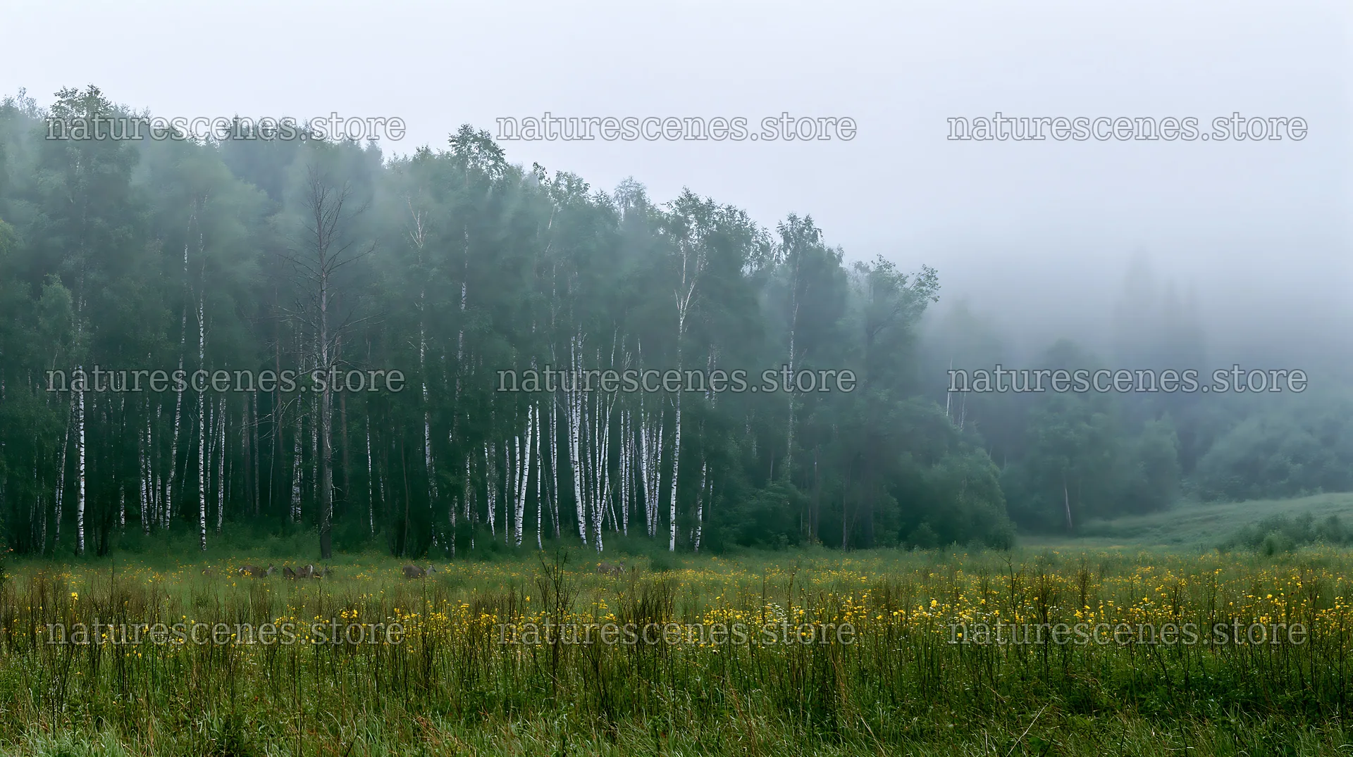 Birch forest in a misty meadow during early morning – nature scenes 10608x5938