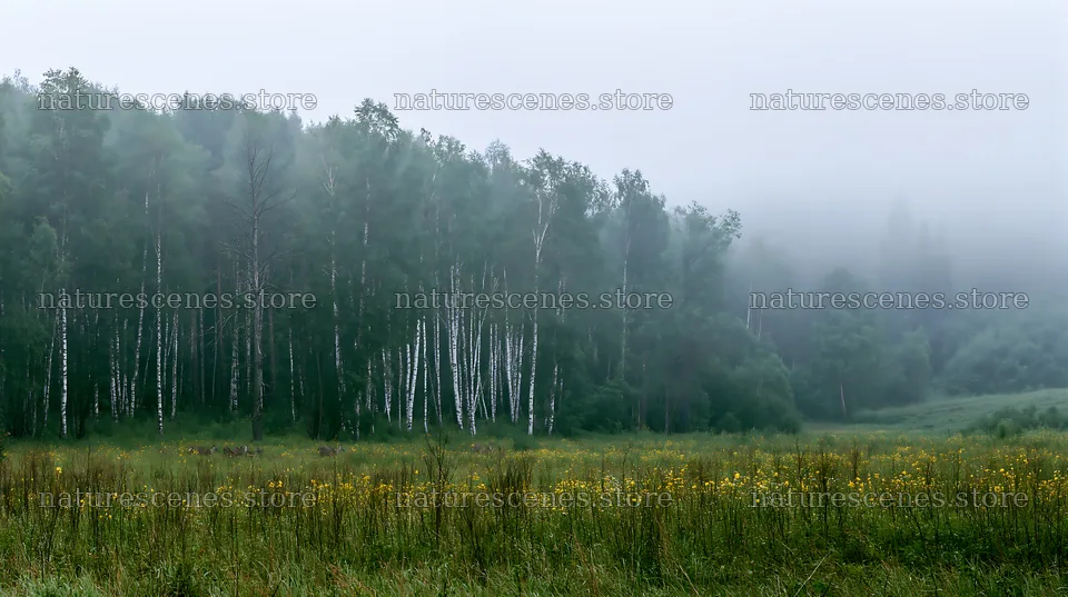 Birch forest in a misty meadow during early morning – nature scenes 10608x5938