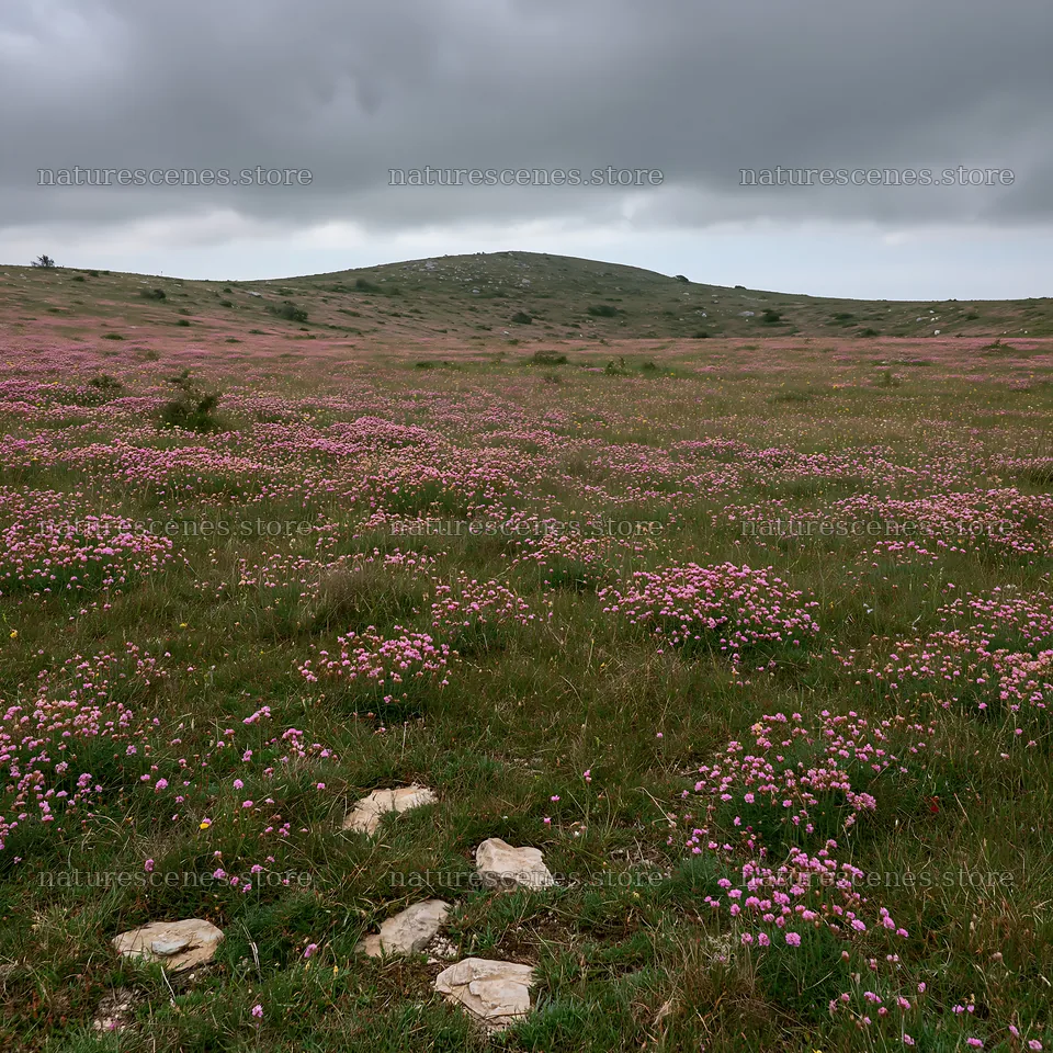 Cloudy rockrose meadow with pink flowers in the landscape – nature scenes 7938x7938