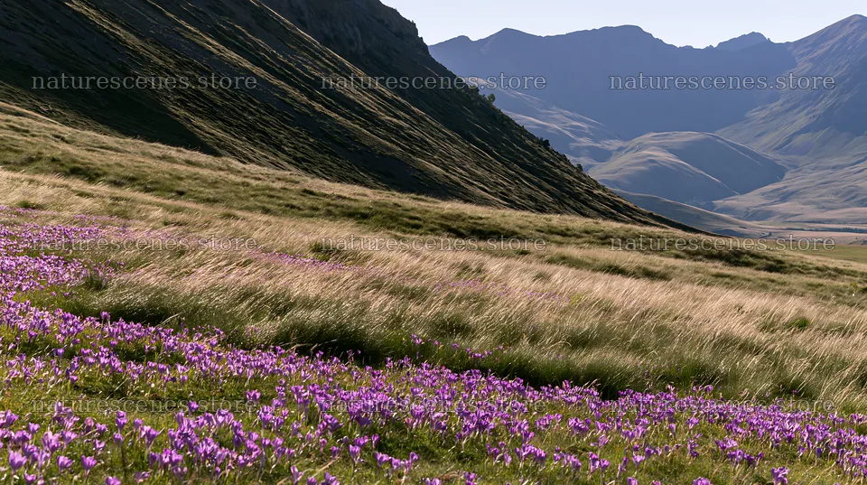 Meadow filled with crocuses in springtime landscape – nature scenes 10608x5938
