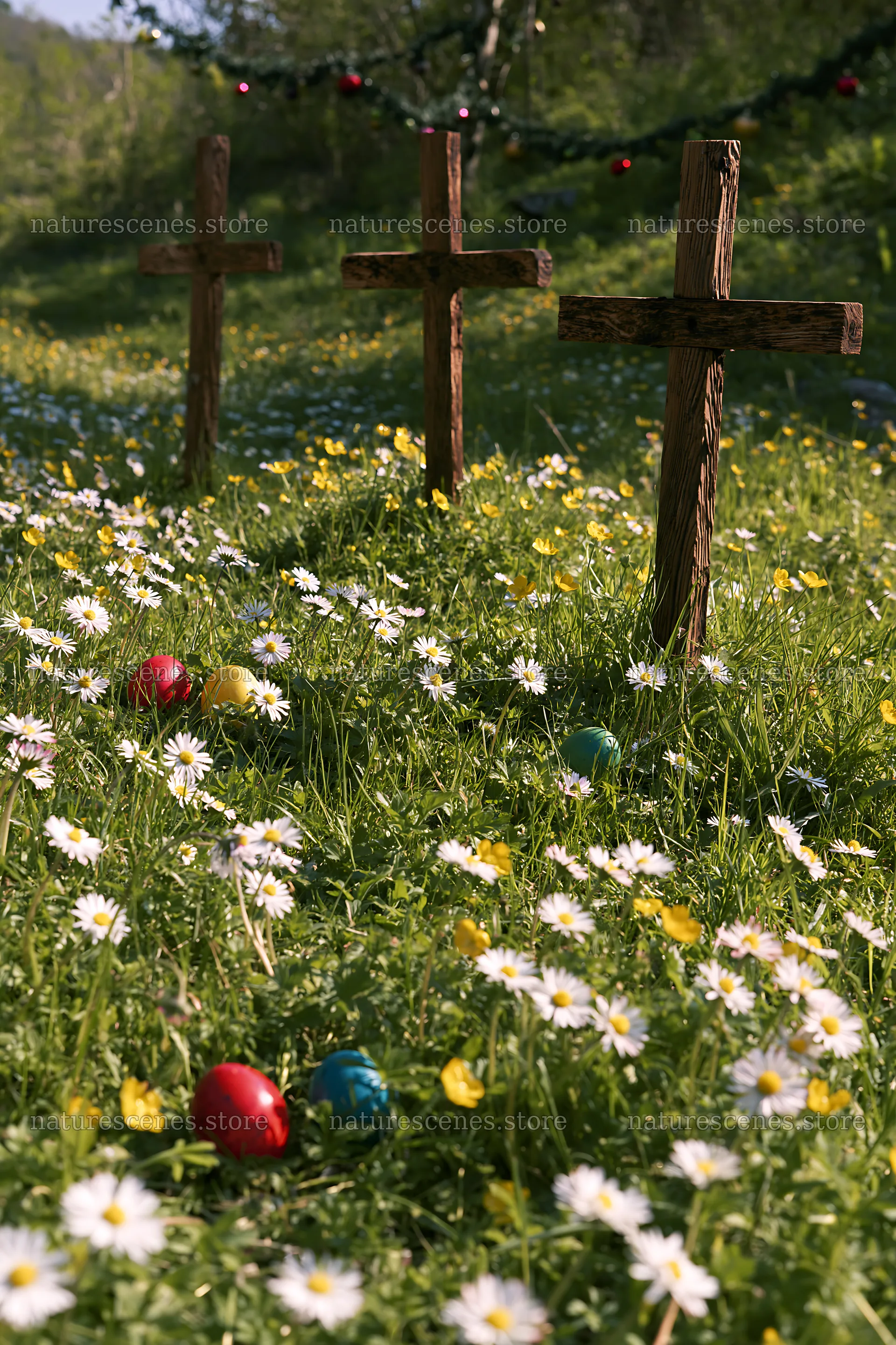 Three Christian crosses in a meadow with Easter eggs – nature scenes 6480x9722