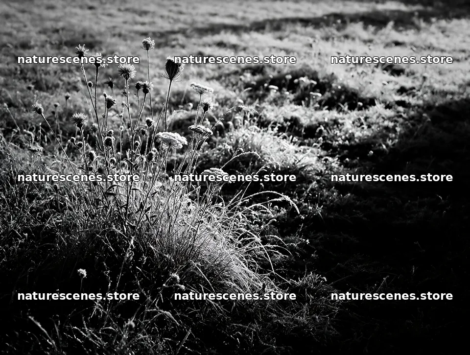 Biodiverse meadow with frost-covered plants in sunlight – nature scenes 9134x6898