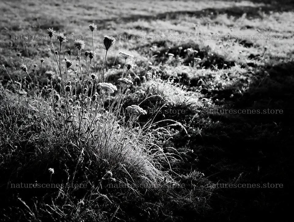 Biodiverse meadow with frost-covered plants in sunlight – nature scenes 9134x6898
