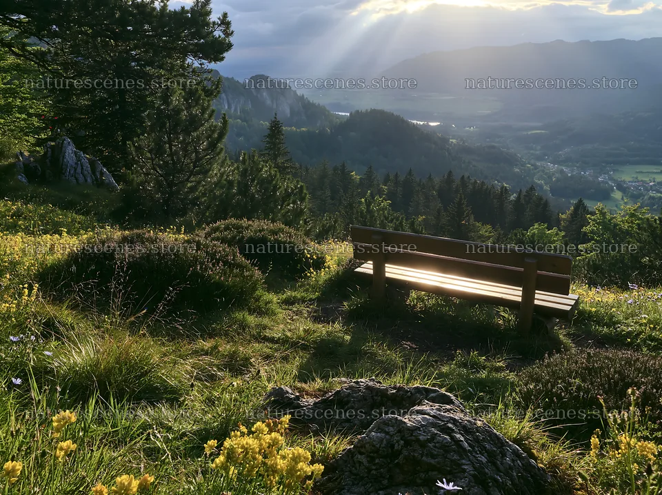 Sainfoin chicory meadow with a wooden bench and distant landscape – nature scenes 9174x6866