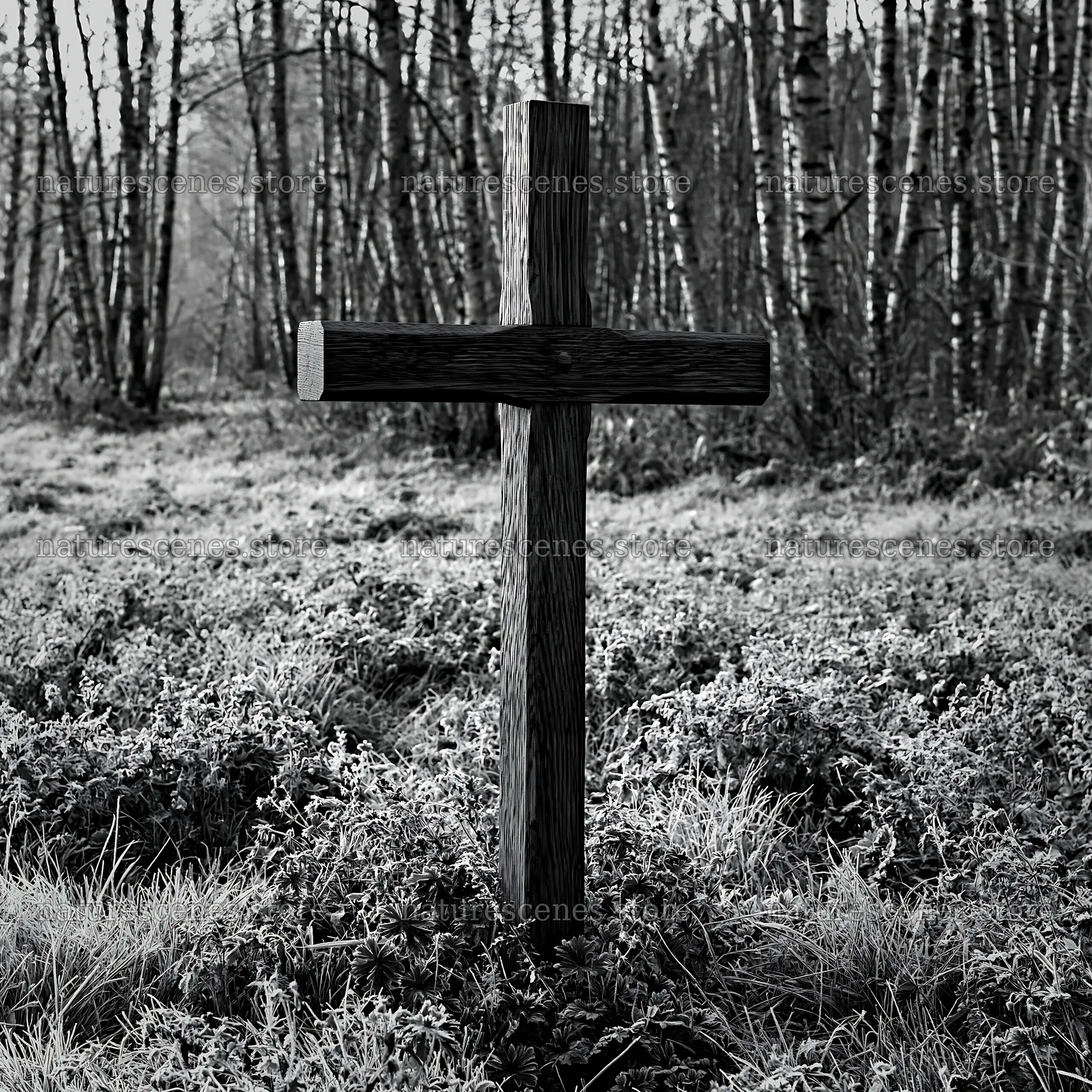 Carved oak cross stands in frosted meadow – nature scenes 7938x7938