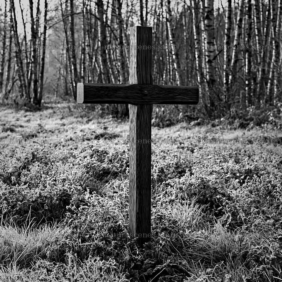Carved oak cross stands in frosted meadow – nature scenes 7938x7938