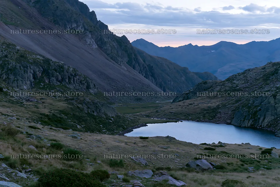 Celestial meadow lake with mountains at dusk – nature scenes 9722x6480