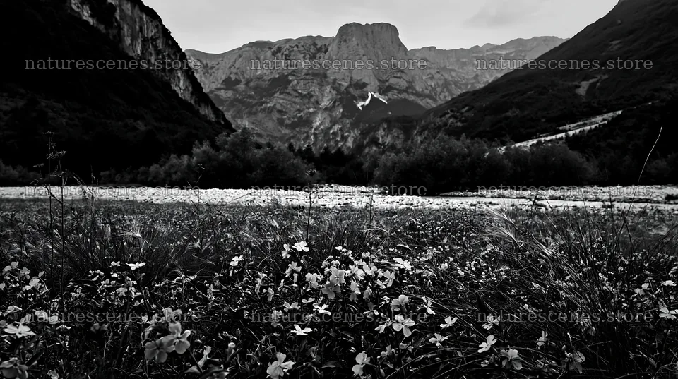 Night-blooming meadow with mountains in the background – nature scenes 10608x5938