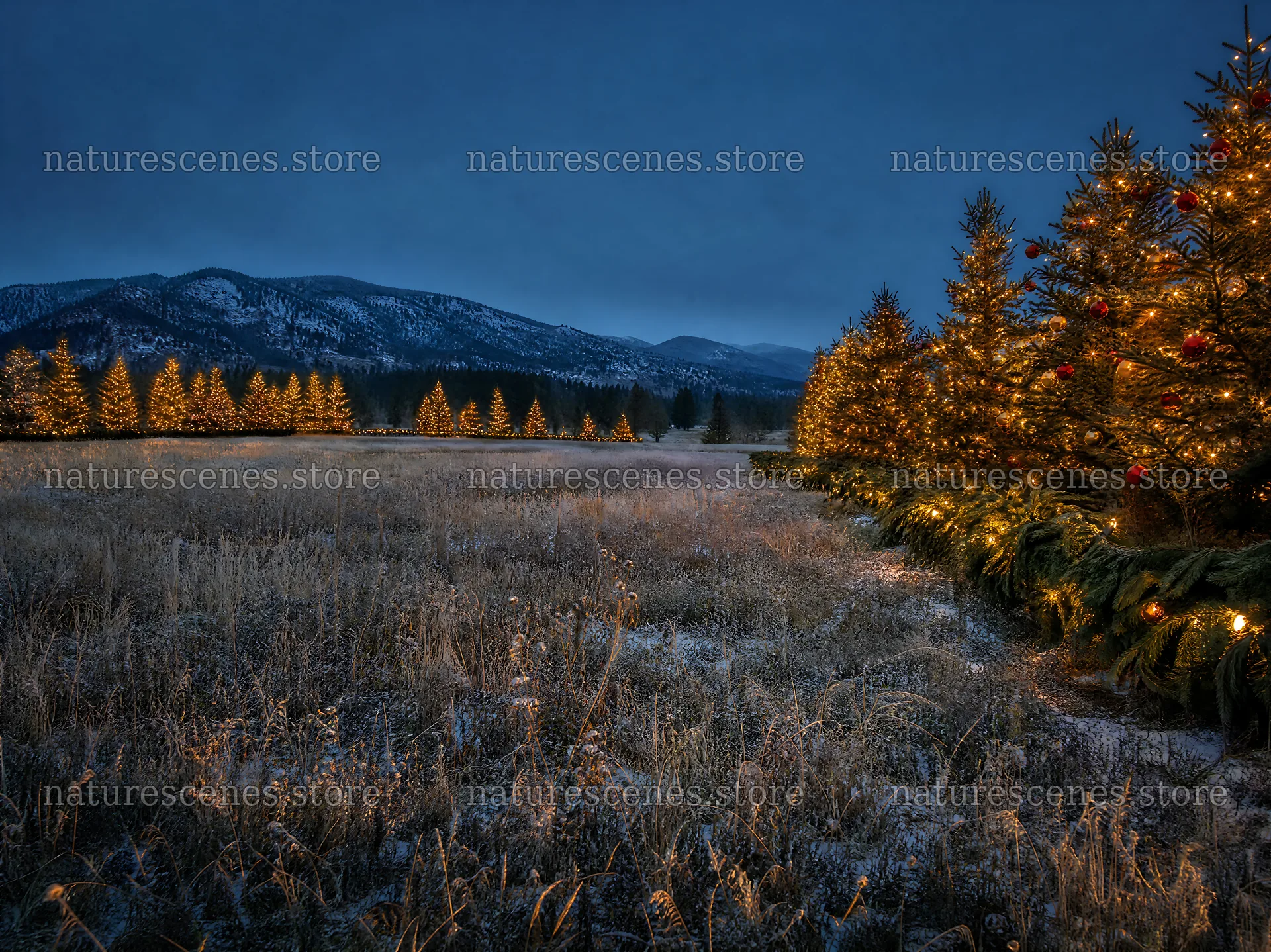 Vibrant Christmas lights in a winter meadow at dusk – nature scenes 9172x6868