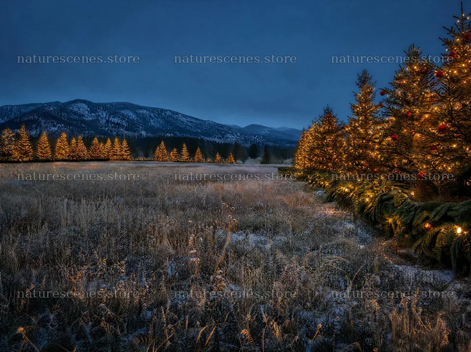 Vibrant Christmas lights in a winter meadow at dusk – nature scenes 9172x6868