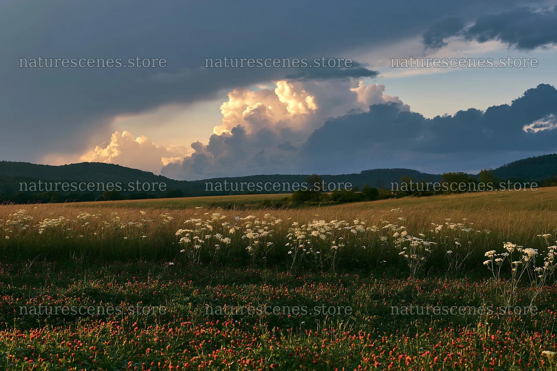 Sunset over meadow in German foothills with clouds – nature scenes 9722x6480
