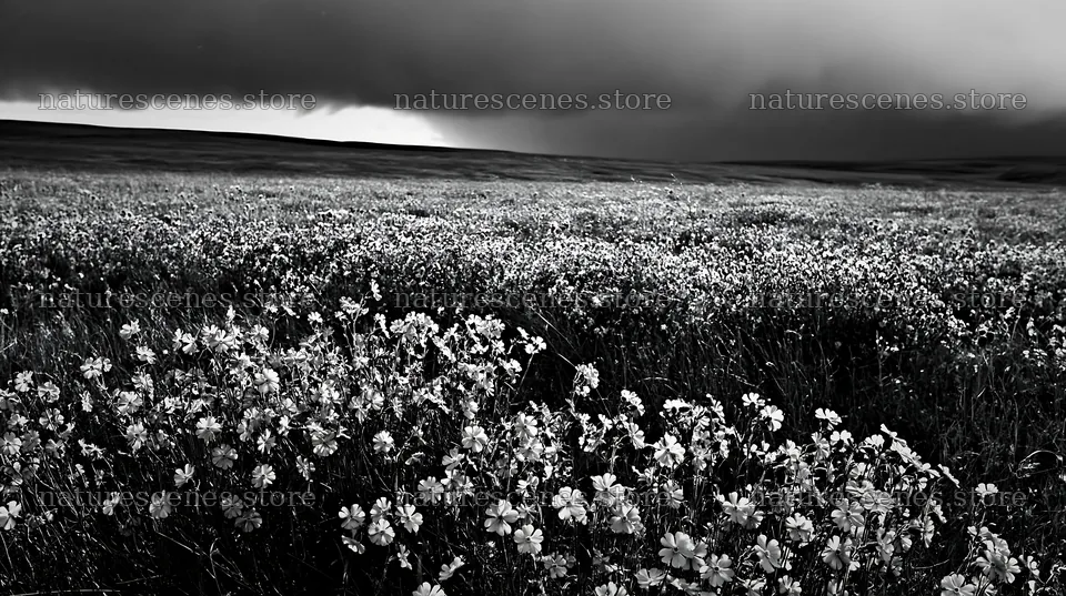 Pink campion meadow under cloudy sky in black and white – nature scenes 10608x5938