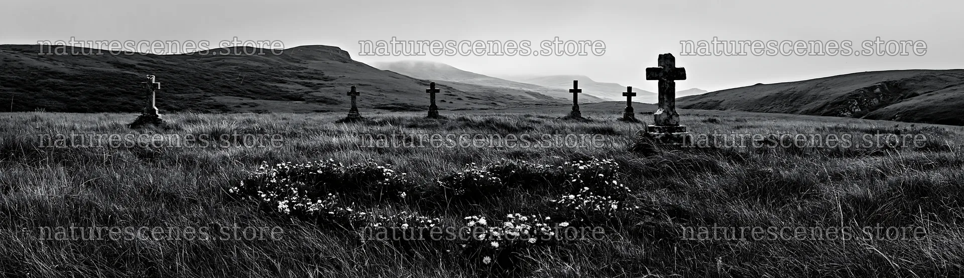 Christian crosses in a rain soaked meadow – nature scenes 14762x4268