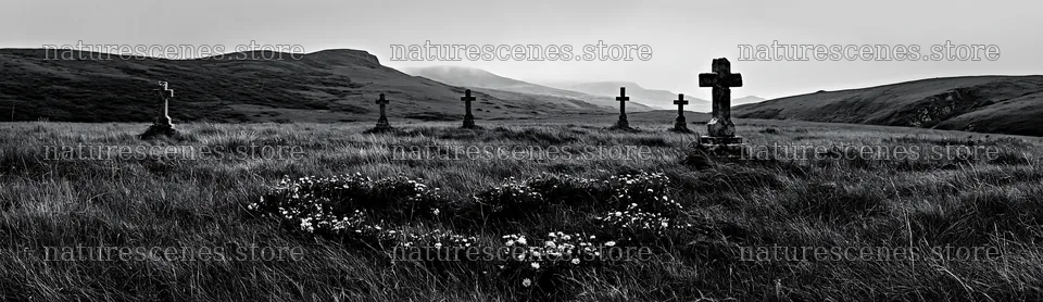 Christian crosses in a rain soaked meadow – nature scenes 14762x4268