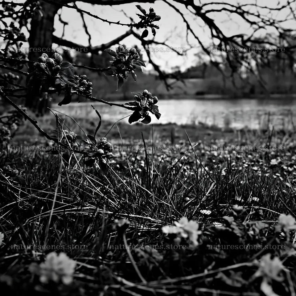 Lakeside orchard meadow with flowers and tree branches – nature scenes 7938x7938