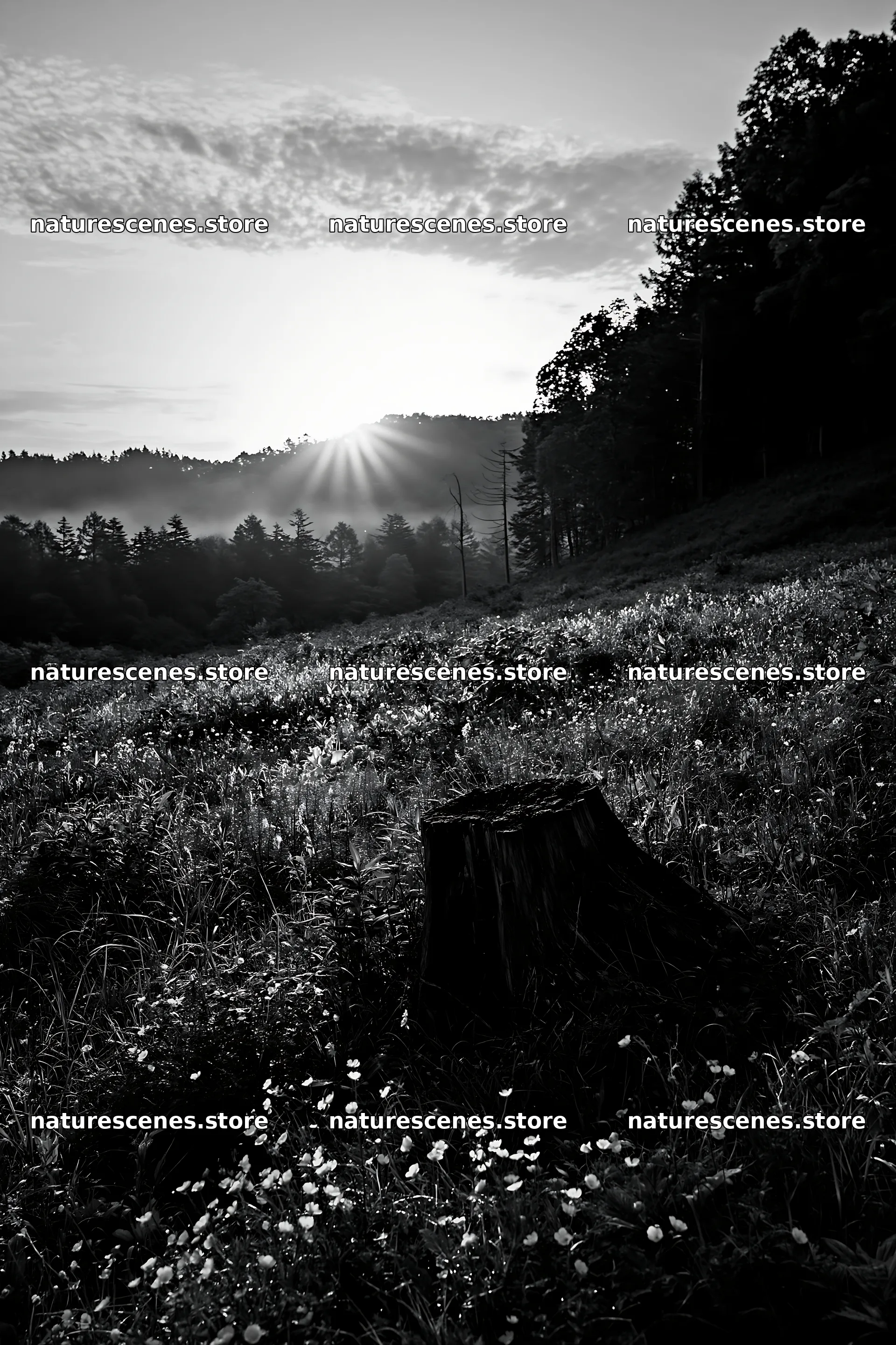 Fukushima native meadow with weathered stump at sunrise – nature scenes 6480x9722